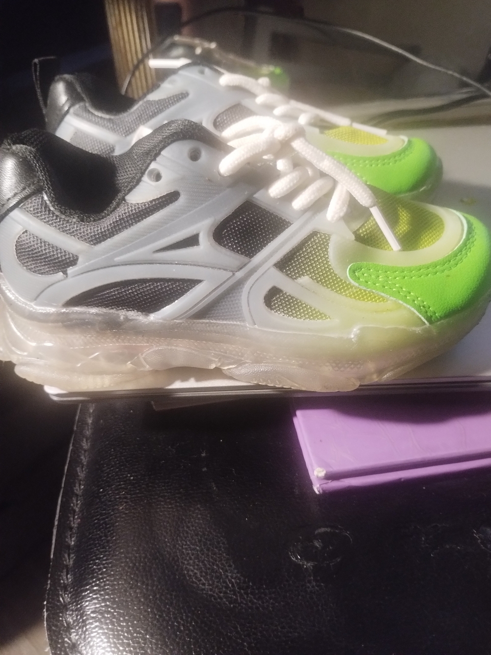 Kids Athletic Sneakers - White, Black & Neon Green